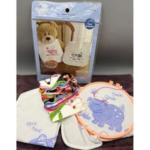 Bucilla On the‎ Farm Bib Pair Stamped Cross Stitch Kit Pig Cow Baby Floss Needle